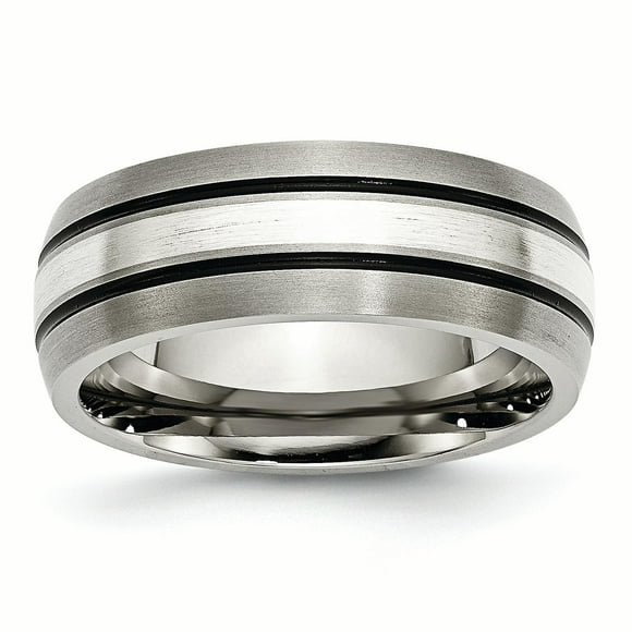 Bague avec Incrustation d'Argent Sterling Rainuré en Titane 8mm Brossé/antique Taille 13