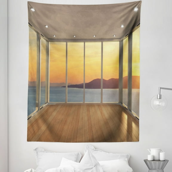 View Tapestry, Modern Design Empty House with Mountain Ocean Scenery, Fabric Wall Hanging Decor for Bedroom Living Room Dorm, 5 Sizes, Pale Brown Marigold, by Ambesonne