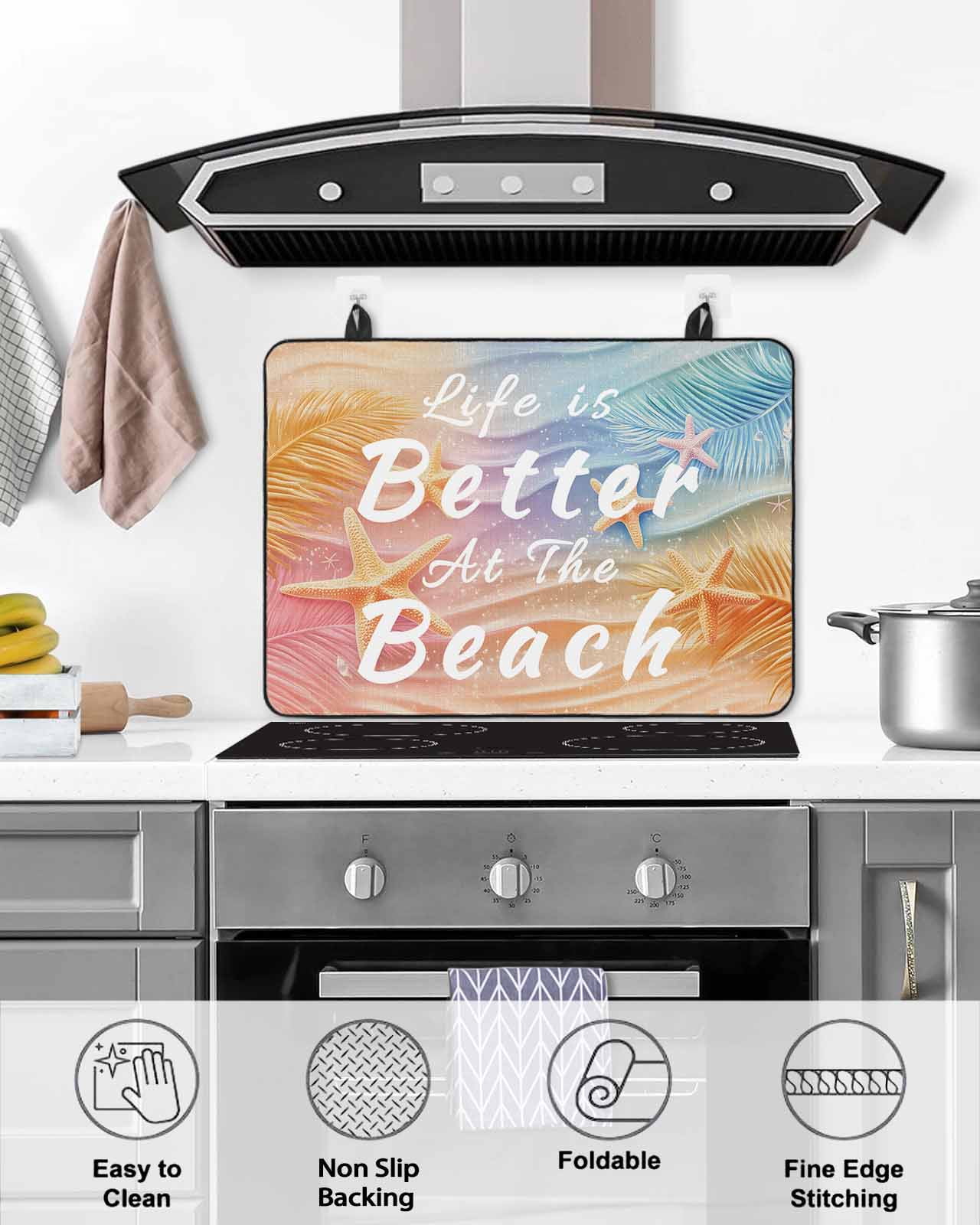 nqOlkjepod Large Induction Cooktop Protector Mat 36"x21", Beach Palm Leaves Stove Top Covers for Electric Stove, Summer Coastal Ocean Starfish Stove Burner Cover Mats, Glass Top Stove Cover
