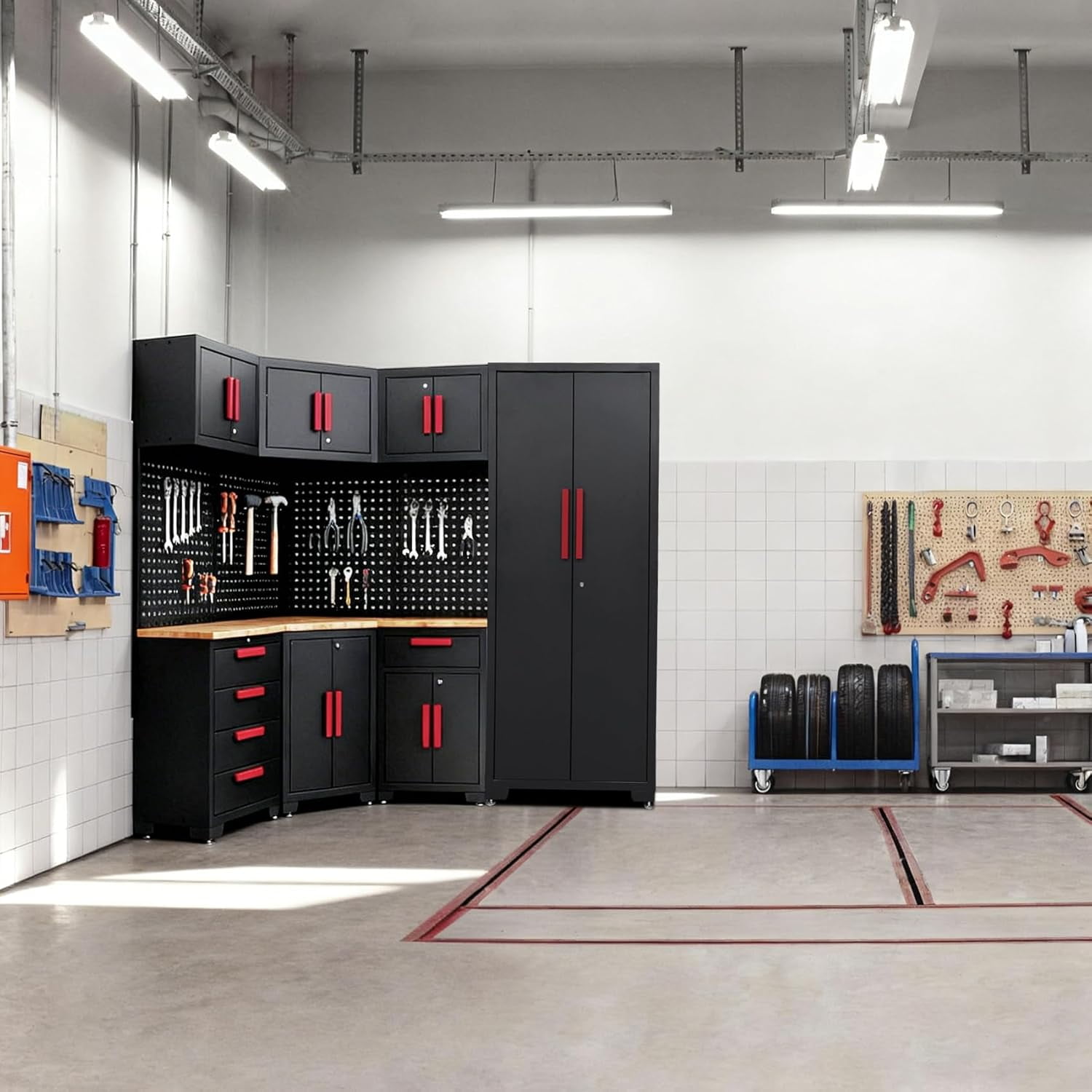 HPDMC 16PCS Corner Garage Storage Cabinet System - Heavy Duty Workshop Set w/Corner Cabinet Includes Workbench, Pegboard & Lockable Drawers | Metal Tool Organization System for Garage/Workshop