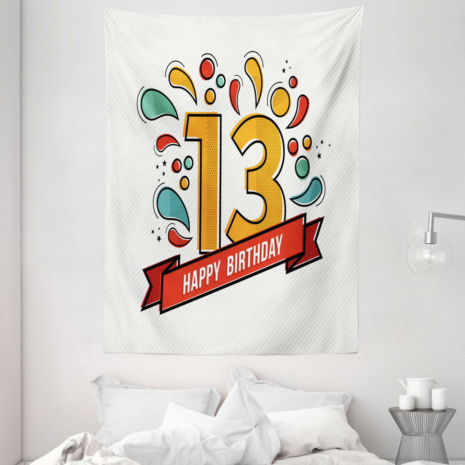 13th Birthday Decorations Tapestry, Modern Line Art Greeting for
