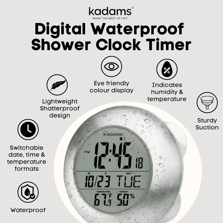 KADAMS Digital Bathroom Shower Kitchen Clock Timer with Alarm