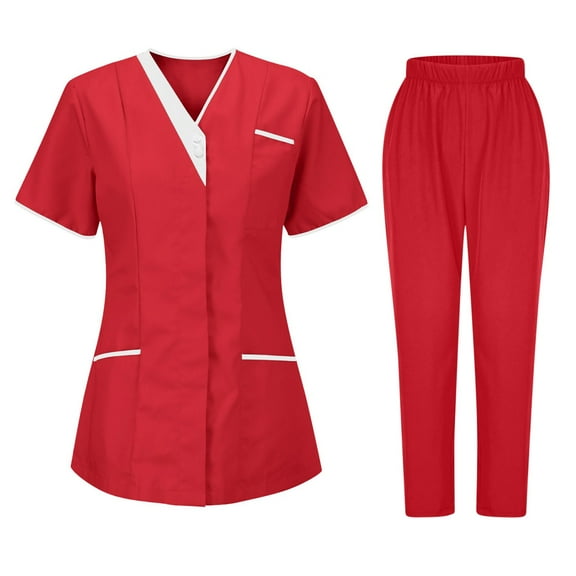 dazeni Medical Scrubs Set for Women 2 Piece Scrub Uniform Classic V-Neck Top & Jogger Pants with Stretch Nursing Scrub Suit Red2 S