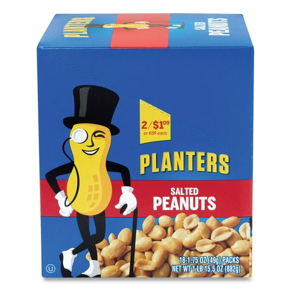 Planters Salted Peanuts, 1.75 oz Pack, 18 Packs/Box, Ships in 1-3 Business Days