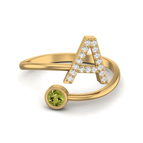 Capital A Initial Letter 3MM Round Peridot 925 Sterling Silver Gold Vermeil Women Adjustable Valentines Day Gifts Ring