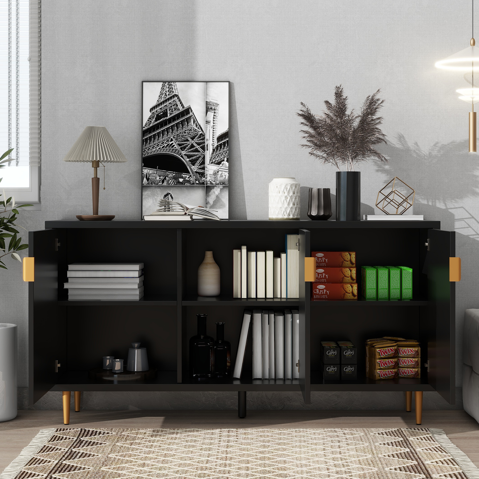 Euroco Modern TV Stand with 3 Doors and Adjustable Shelves, Fits TVs Up to 70 Inches