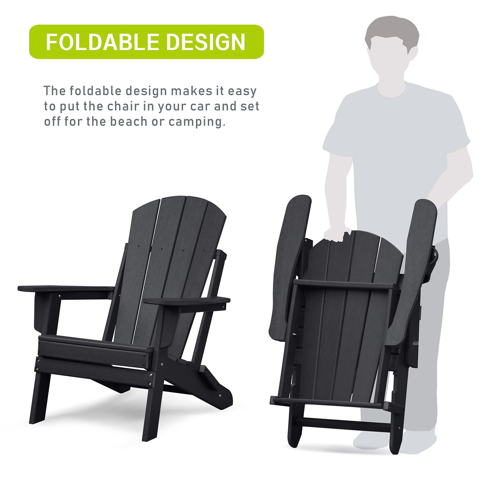 Dining Set Folding Outdoor Adirondack Chair Set of 2 and Table Set,All-weather Folding Fire Pit Chair, Ergonomic Design Patio Lawn Chair for Outside Deck Garden Backyardf Balcony, Black