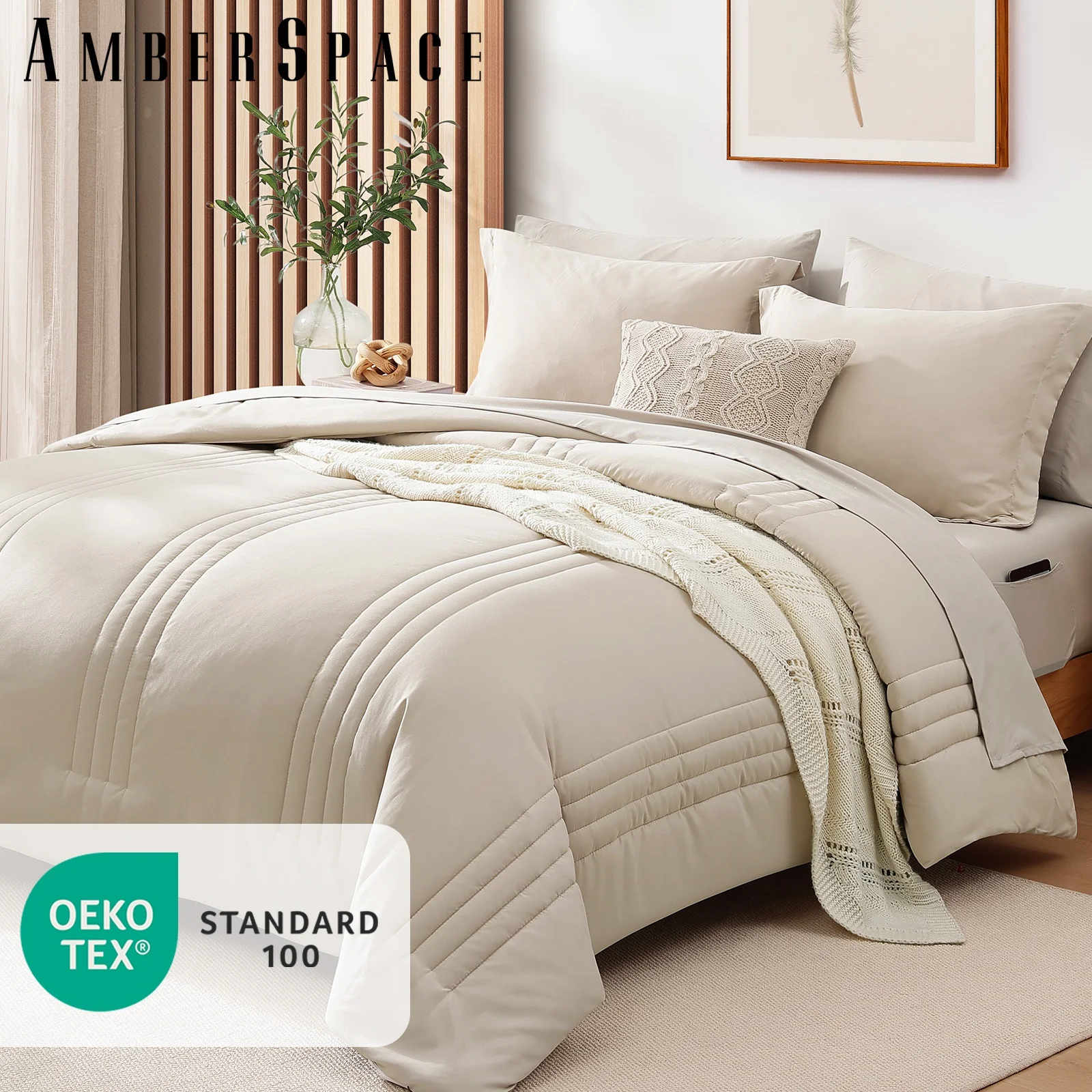 Amberspace 7-piece Bed in a Bag Comforter Set with Sheets,Beige,Queen