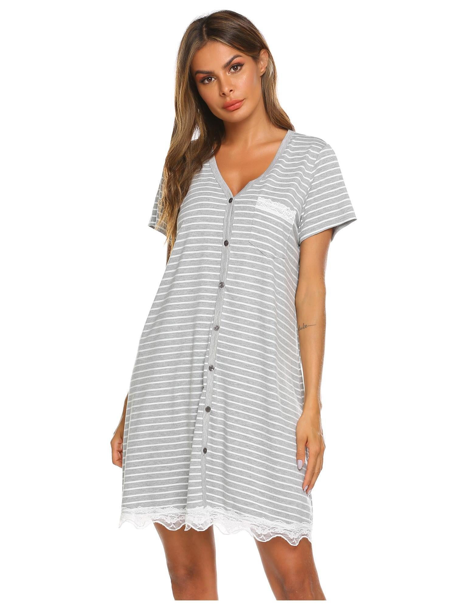 Ekouaer Women's Nightgown Striped Tee Short Sleeve Cotton Sleep Nightshirt Button Down Pajama Dress S-XXXL 