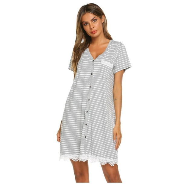 Ekouaer Nightgowns for Women Stripe Button Down Pajamas Dress V-Neck ...