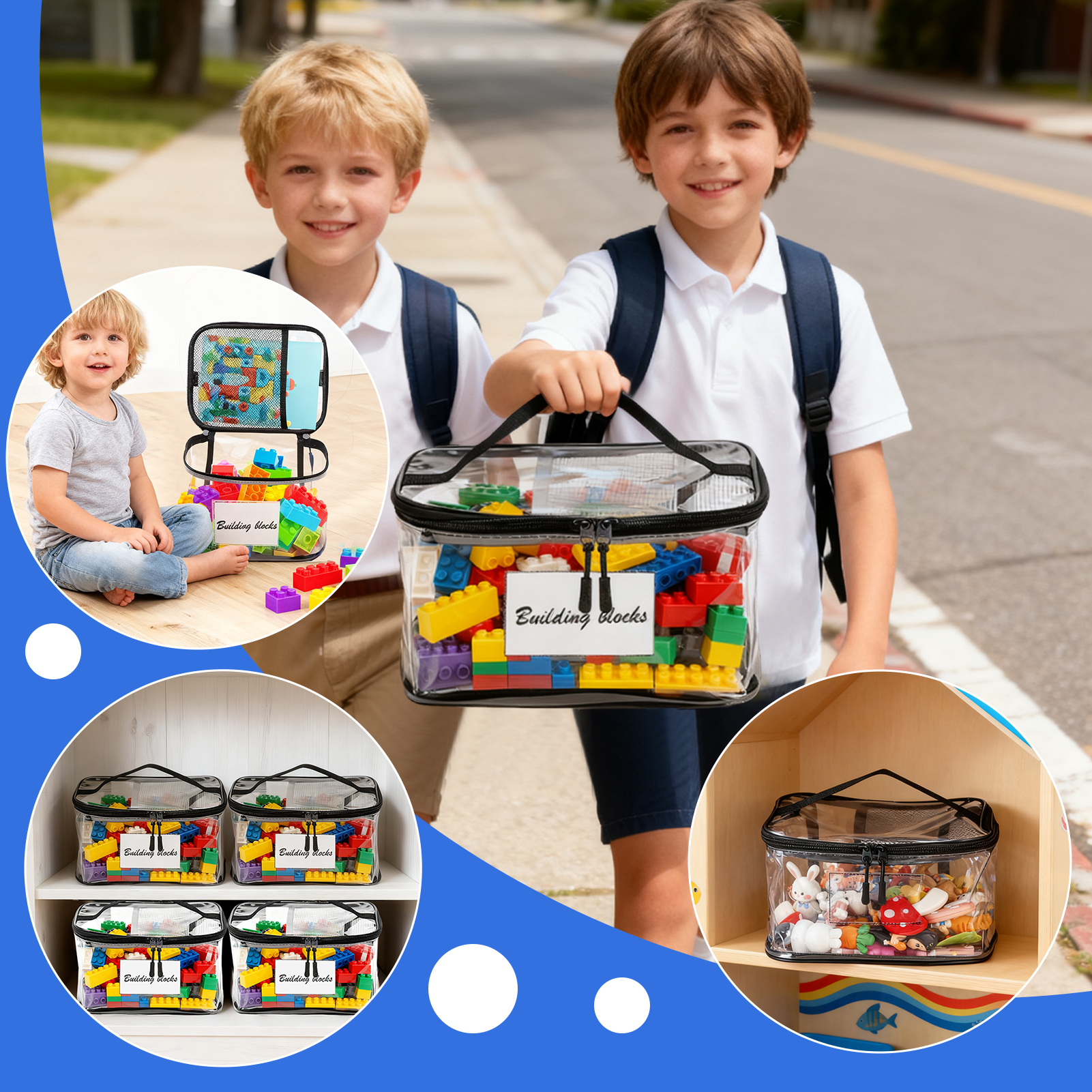 Lumikrypt 6 Pack Clear Toy Storage Bags with Name Tag & Manual Pocket, Waterproof Transparent PVC Toy Organizer Bags with Zipper for Board Games, Building Blocks, Puzzles