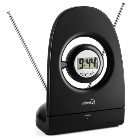 ViewTV VT-328 Standing Rabbit Ears Indoor HD Digital TV Antenna with Adjustable Gain and Built-In LED Time Display - 50 Mile Range -