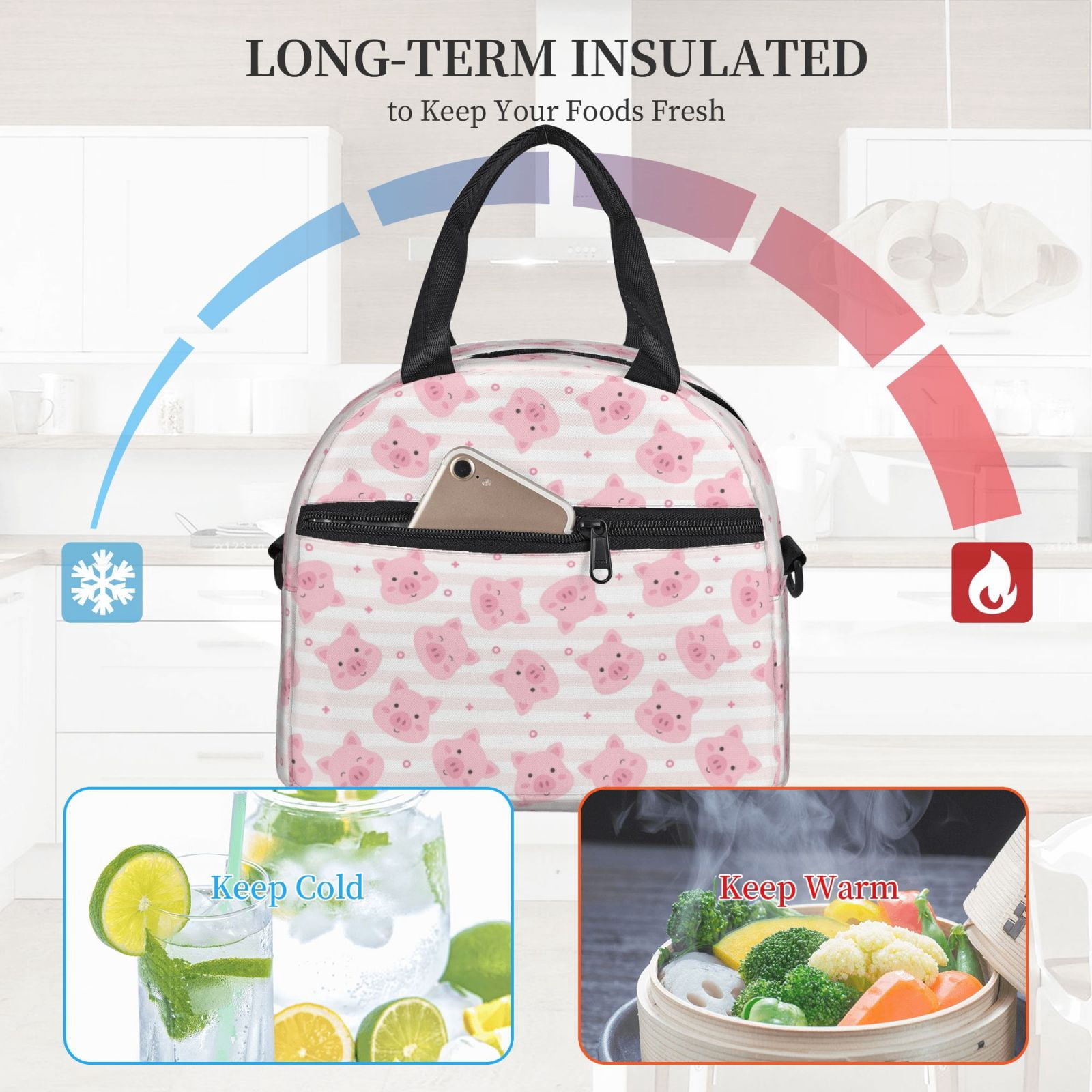 Xecao Cartoon Pig Print Insulated Lunch Box, Lunch Cags Lunch Bag Featuring An Adjustable Shoulder Strap