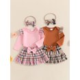 thumbnail image 3 of Baby Toddler Girls 3-piece Outfit, 0 3 6 12 18 Months Long Sleeve Romper with Plaid Skirt Bowknot Headband Fall Outfit, 3 of 9