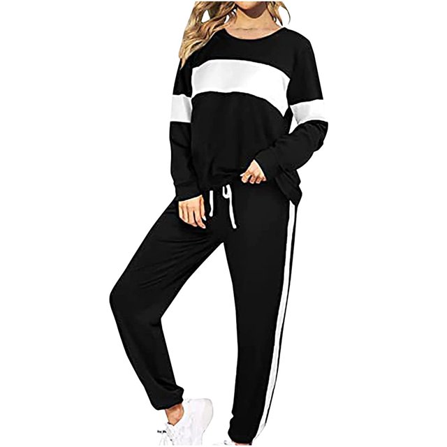 Conjuntos de chándal de 2 piezas para mujer a la moda, conjuntos de pantalones a rayas con cuello redondo y bloques de colores Wmkox8yi bvn490