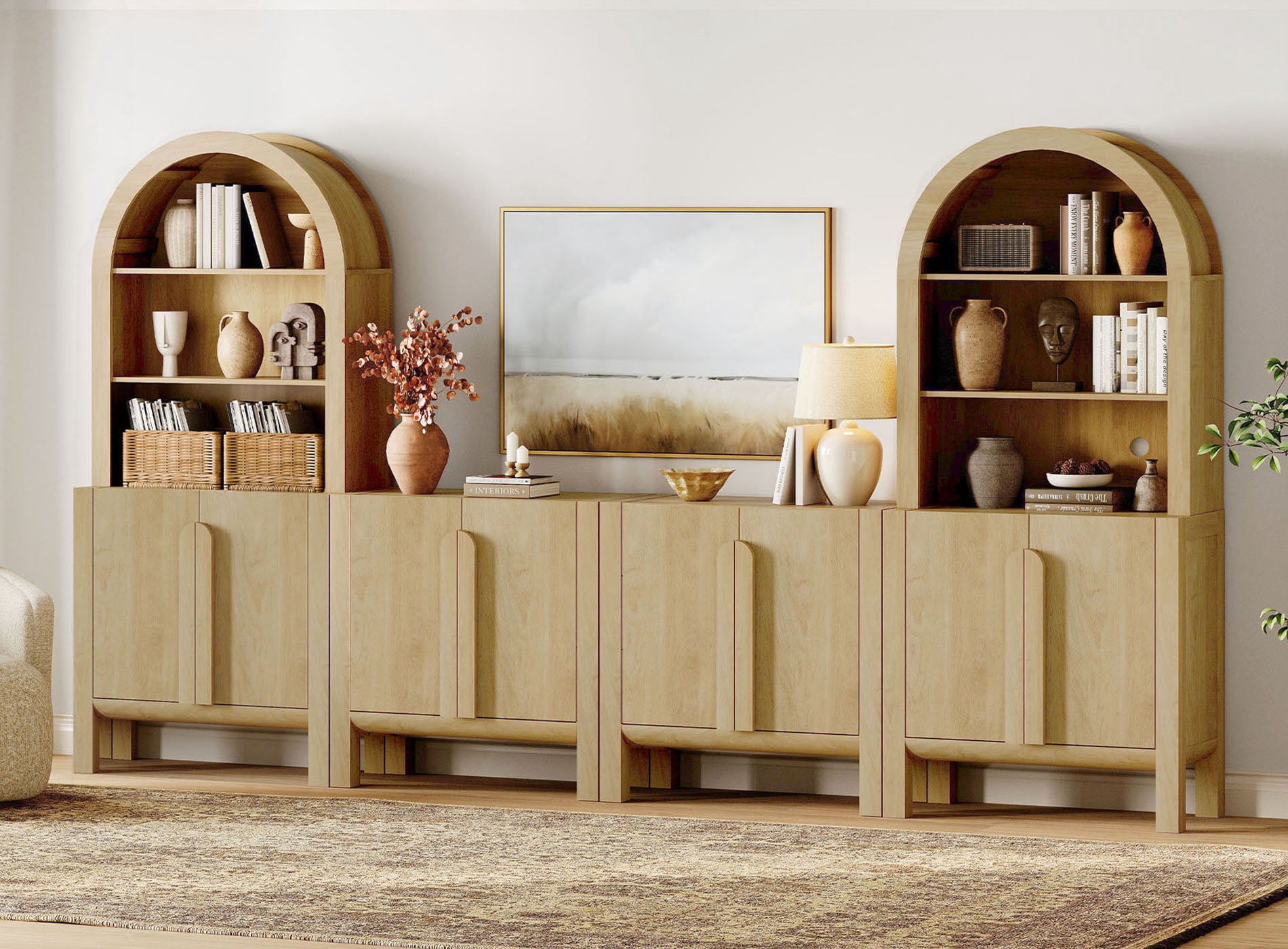 71"H X 126"W Tall Arched Bookshelf with 4 Cabinets and 8 Doors, Modern 10-Tier Bookcase with Open Storage, Large Wood Display Cabinet For Living Room Bedroom Home Office Kitchen