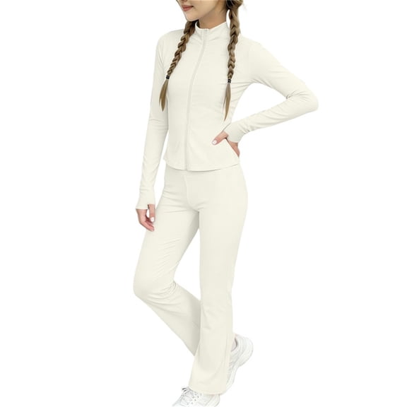 ShomPort Girls Sport 2 Piece Sets Stand Collar Zip Jackets Wicking Pants Slim Dance Yoga Athletic Outfits 3-15 Years