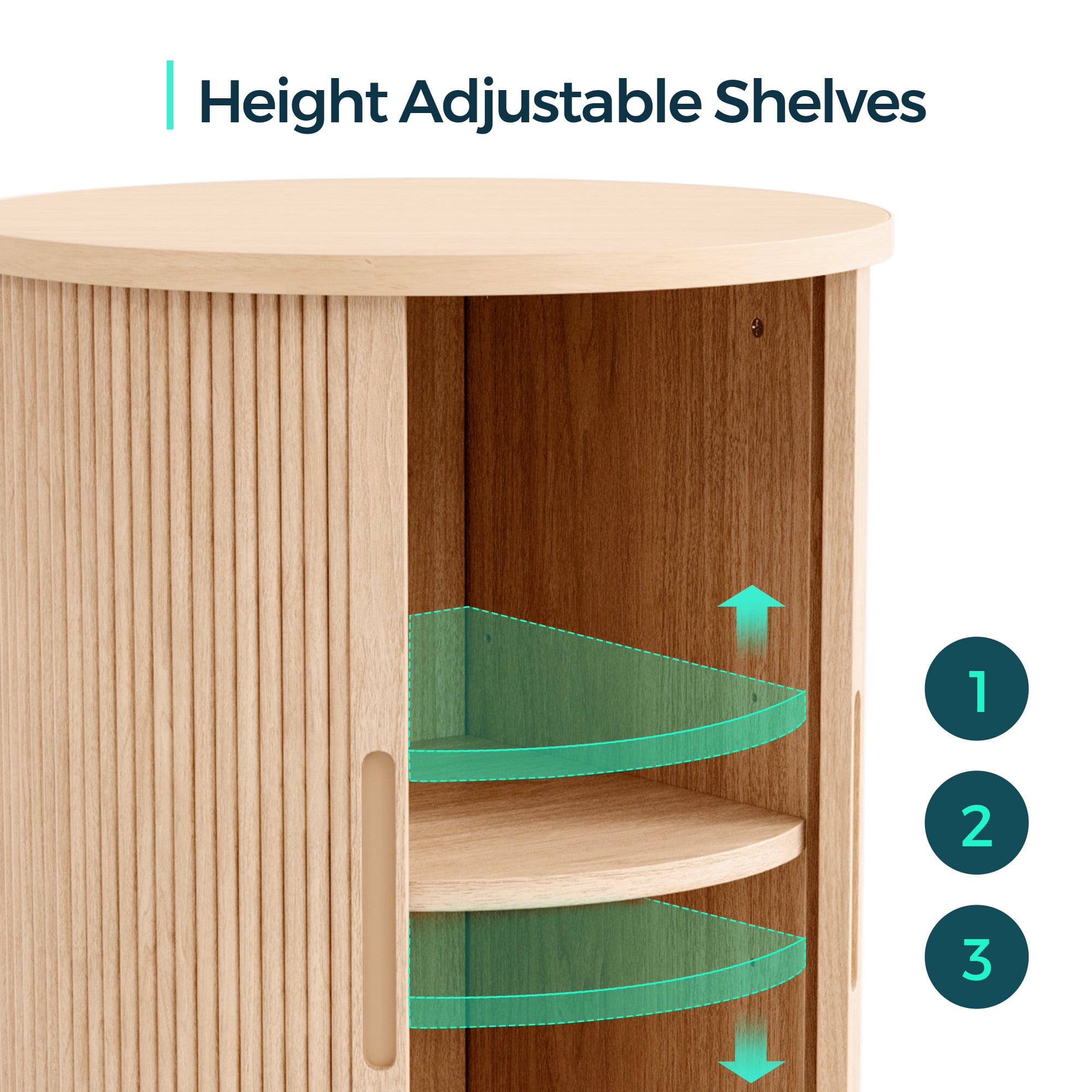 LINSY HOME Fluted Round End Tables for Living Room, Nightstand for Bedroom with with Sliding Tambour Door and Adjustable Shelves, Oak(1 Pcs)