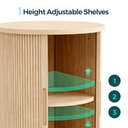 LINSY HOME Fluted Round End Tables for Living Room, Nightstand for Bedroom with with Sliding Tambour Door and Adjustable Shelves, Oak(1 Pcs)