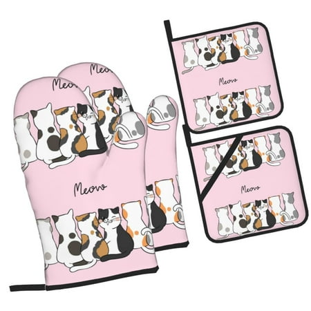 

Haiem Cute Cats Print Extra Long Oven Mitts and Pot Holders 4pc Sets: Heat Resistant Silicone Oven Mittens with Mini Oven Gloves and Hot Pads Potholders