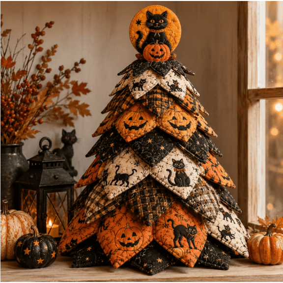 DIY Halloween Quilted Fabric Tree Kit, Ghost Moonlight Patchwork Craft Kit, Quilted Layered Tree for Halloween Harvest Table Decor