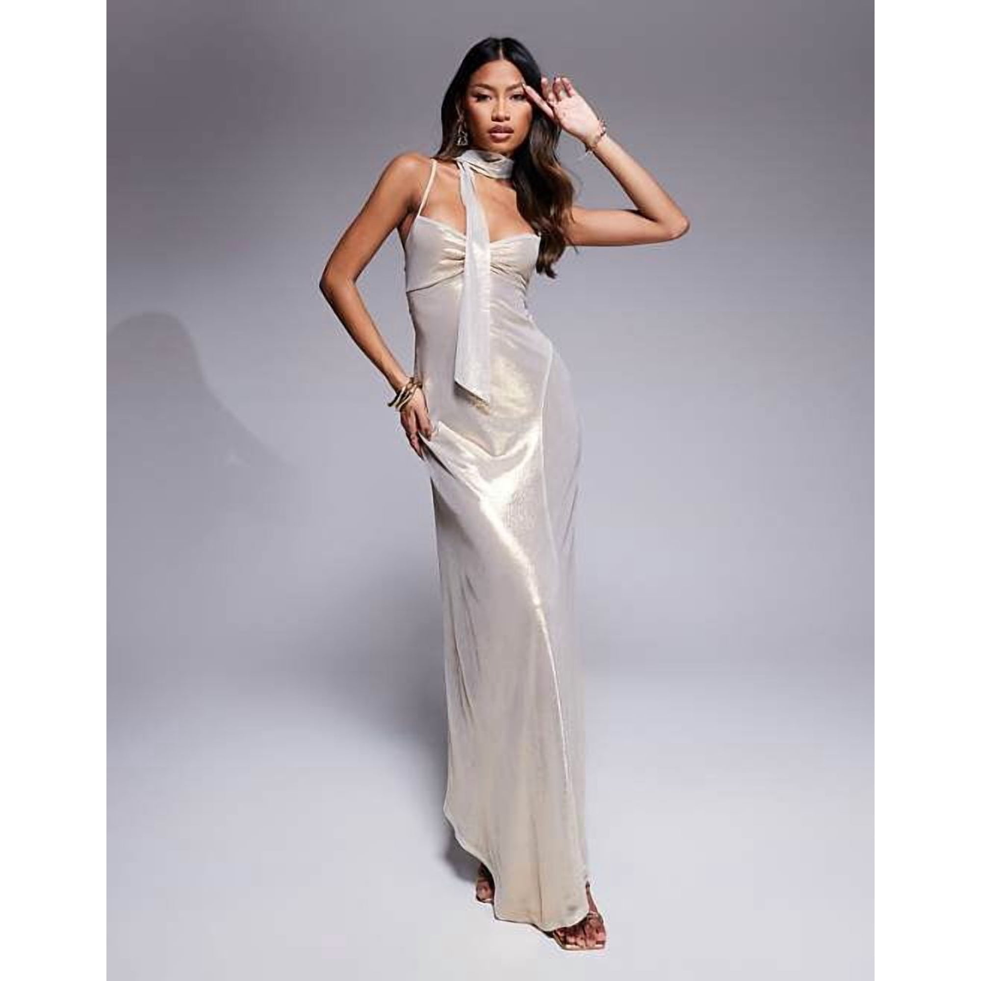 champagne dress with neck scarf Oasis Women's Bandeau Satin Maxi Wedding Dress With Scarf in Champagne