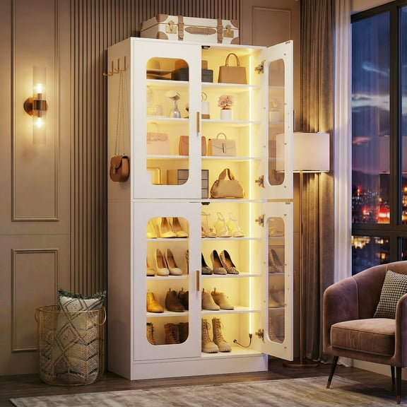 Aheaplus 8-Tier LED Shoe Cabinet with Adjustable Shelves, 67" Tall - Holds 24-32 Pairs, with Hooks for Entryway/Living Room, White