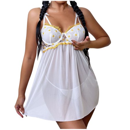 

Women Mini Nightgown Slip Sleep Dress Floral Embroidery Lingerie Mesh Chemise Dress and Panty Set 2 Piece Sleepwear
