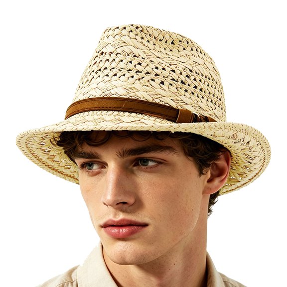 Unisex Roll‑Up Brim Straw Cowboy Hat Leather Strap Decor Hollow Woven Sun Hat Summer Western‑Style Outdoor Travel Beach Sun‑Shade Headwear For Men Women