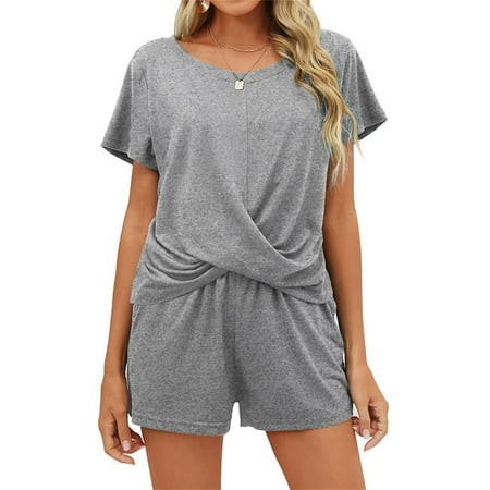 

ELENXS Women Knotted Hem Crew Neck Short Sleeves Summer Pajamas Set Sleepwear