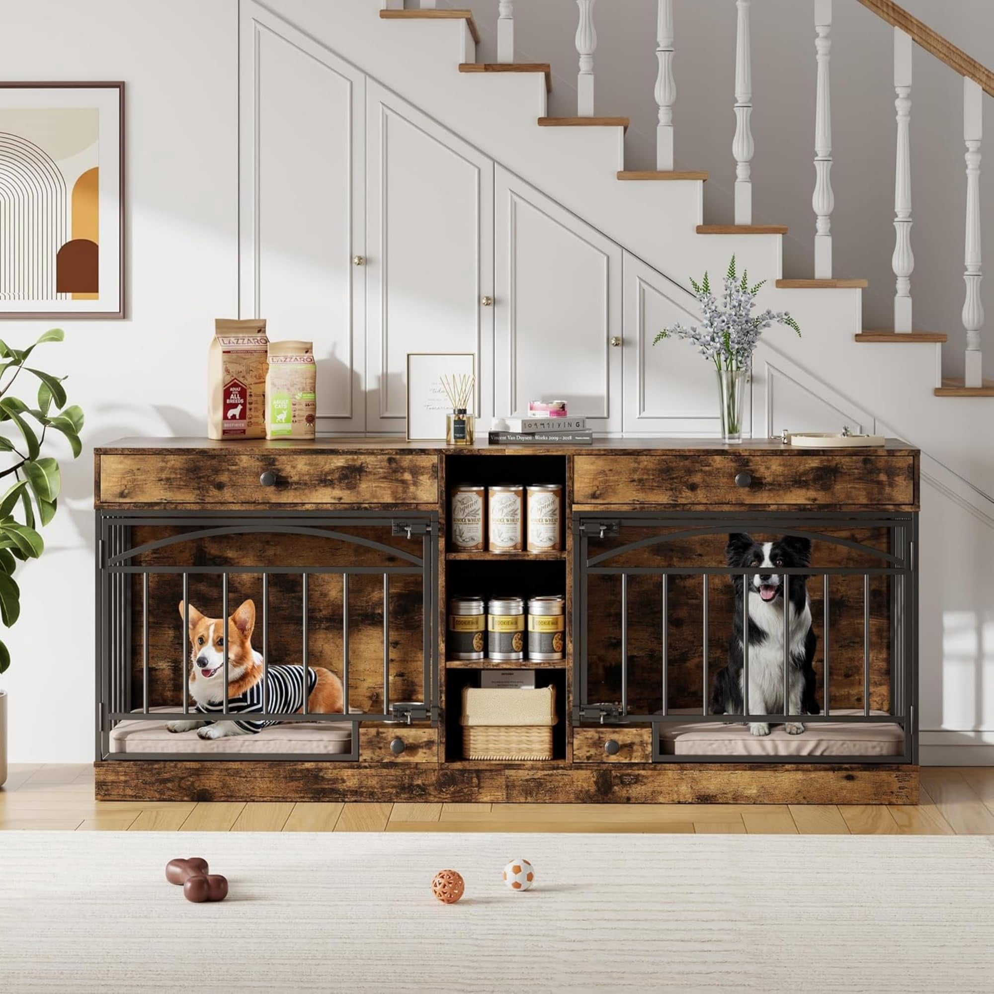 Accreate Dog Crate Furniture for 2 Dog, 78.7'' Large Dog Kennel Indoor with 2 Storage Drawers, 3 Shelves and Feeding Bowls, Double Dog Crate TV Stand for Small and Medium Dogs