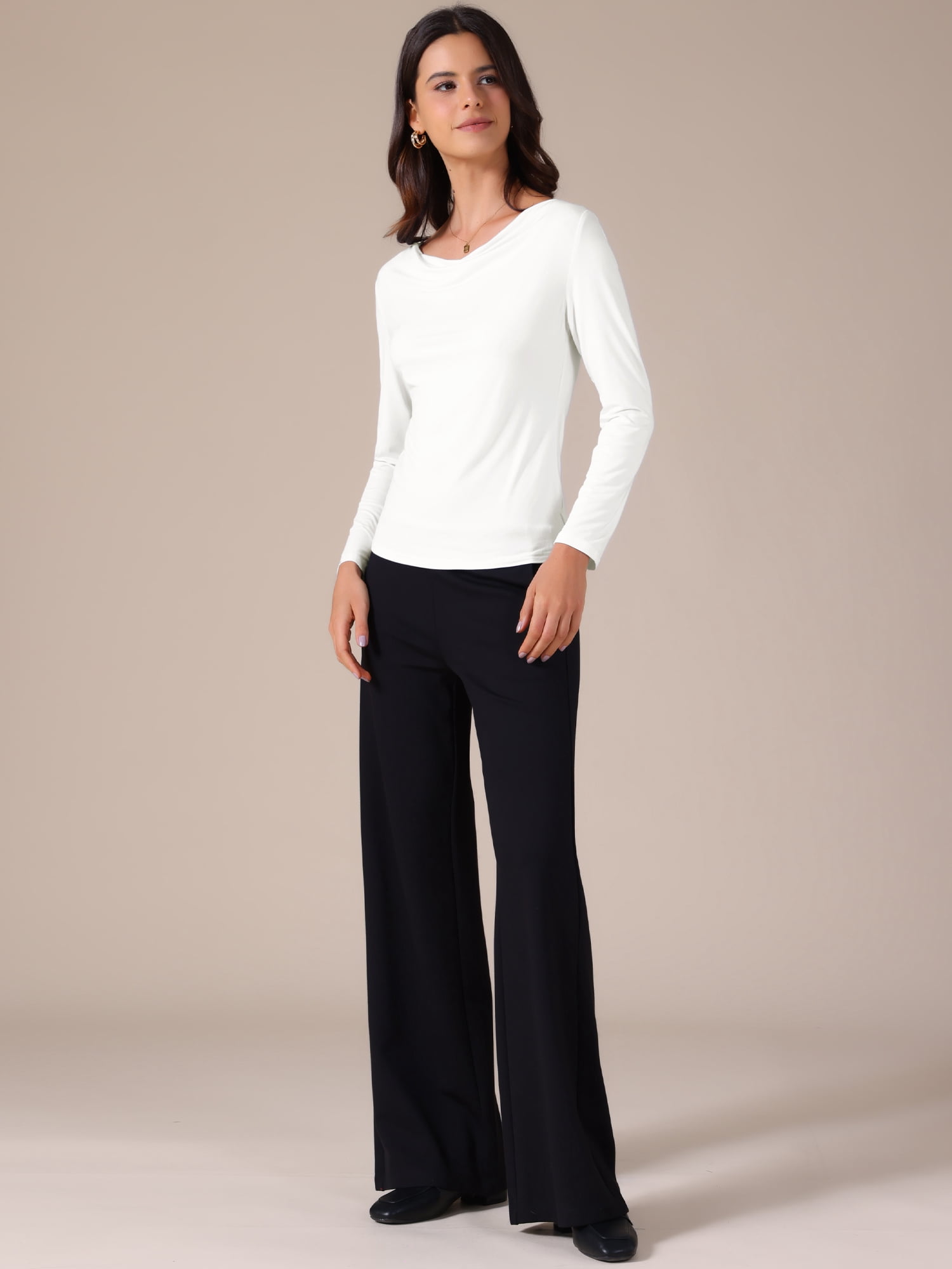 DARING DIVA Women's Cowl Neck Long Sleeves Fitted Layering Soft T-Shirt L White