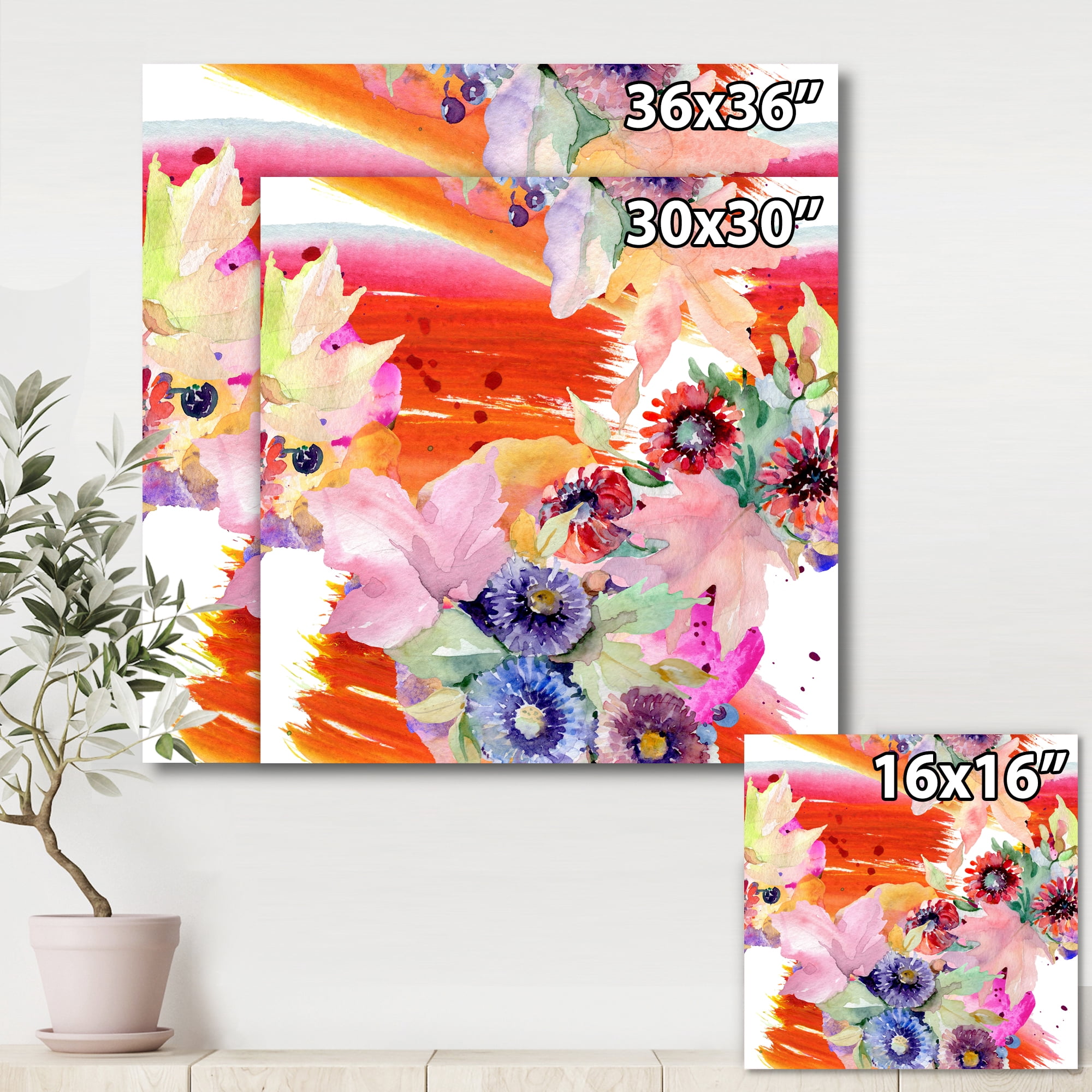 Wildflowers and Vibrant Wild Spring Leaves VII 30 in x 30 in Painting Canvas Art Print, by Designart