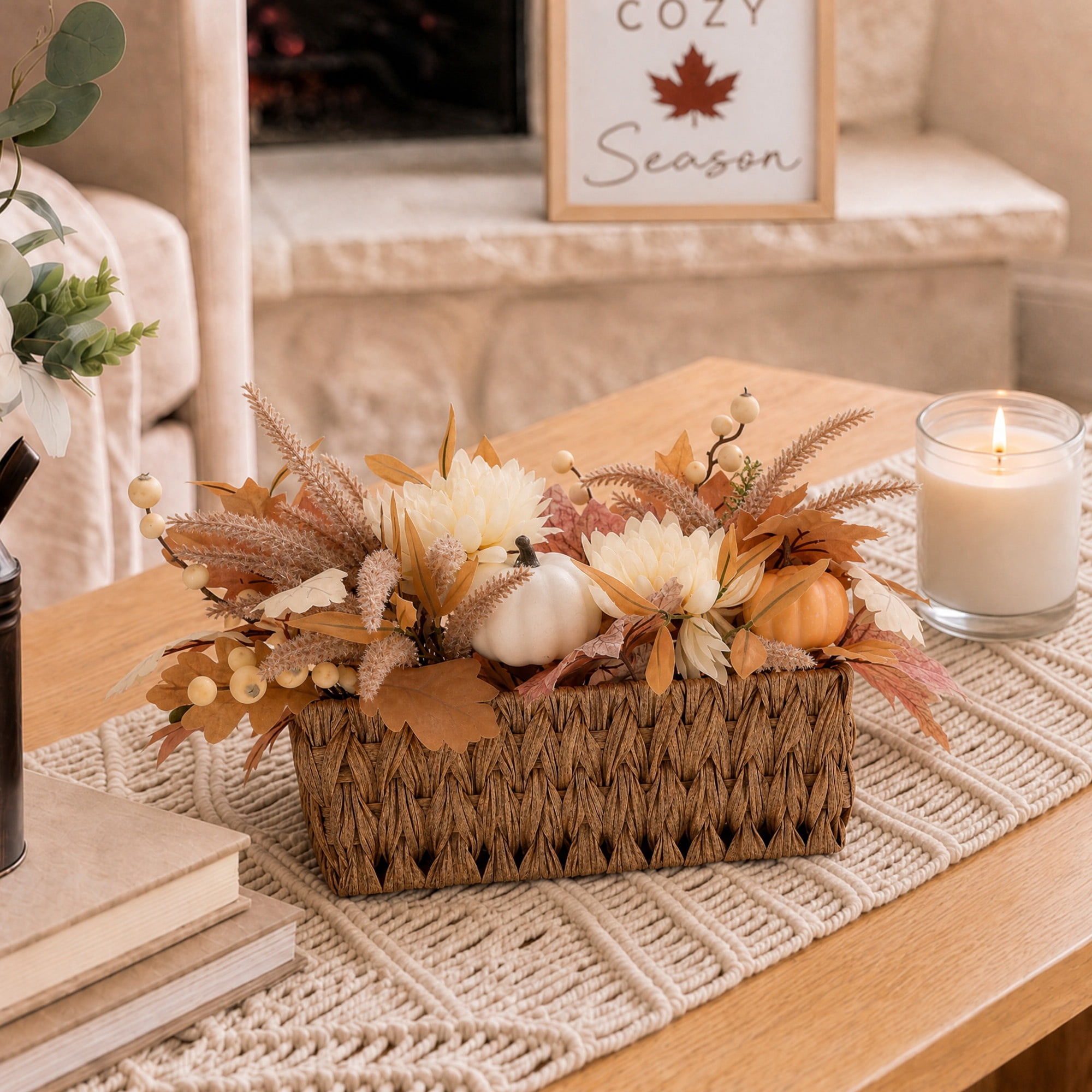 Pumpkins and Flowers Artificial Arrangement in Woven Basket, Cream and Brown, 10" x 18", Fall by Way To Celebrate
