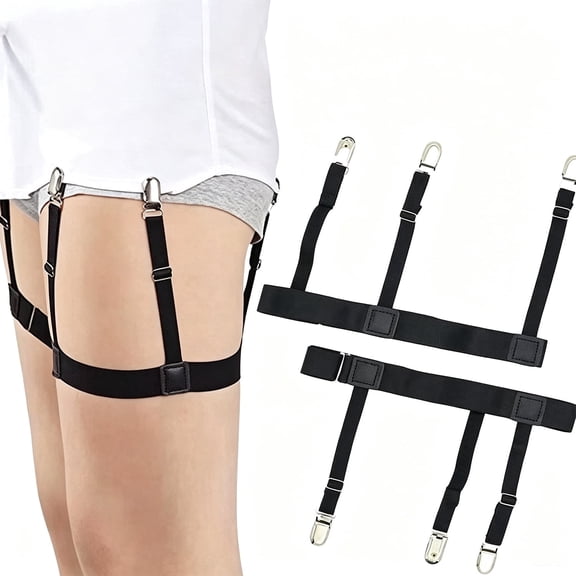 2Pcs (1 Pair) Extra Wide Men Shirt Suspenders, Adjustable Soft Smooth Elastic Thigh Shirt Stays Holder with Non‑Slip Locking Clamps, Black Unisex Shirt Garter for Professional Use