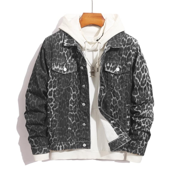 Reppunk Men’s Gray Leopard Print Denim Jacket, Classic Lapel Button Down Trucker Coat, Business Casual Versatile Lightweight Outerwear for Daily Office Street Wear