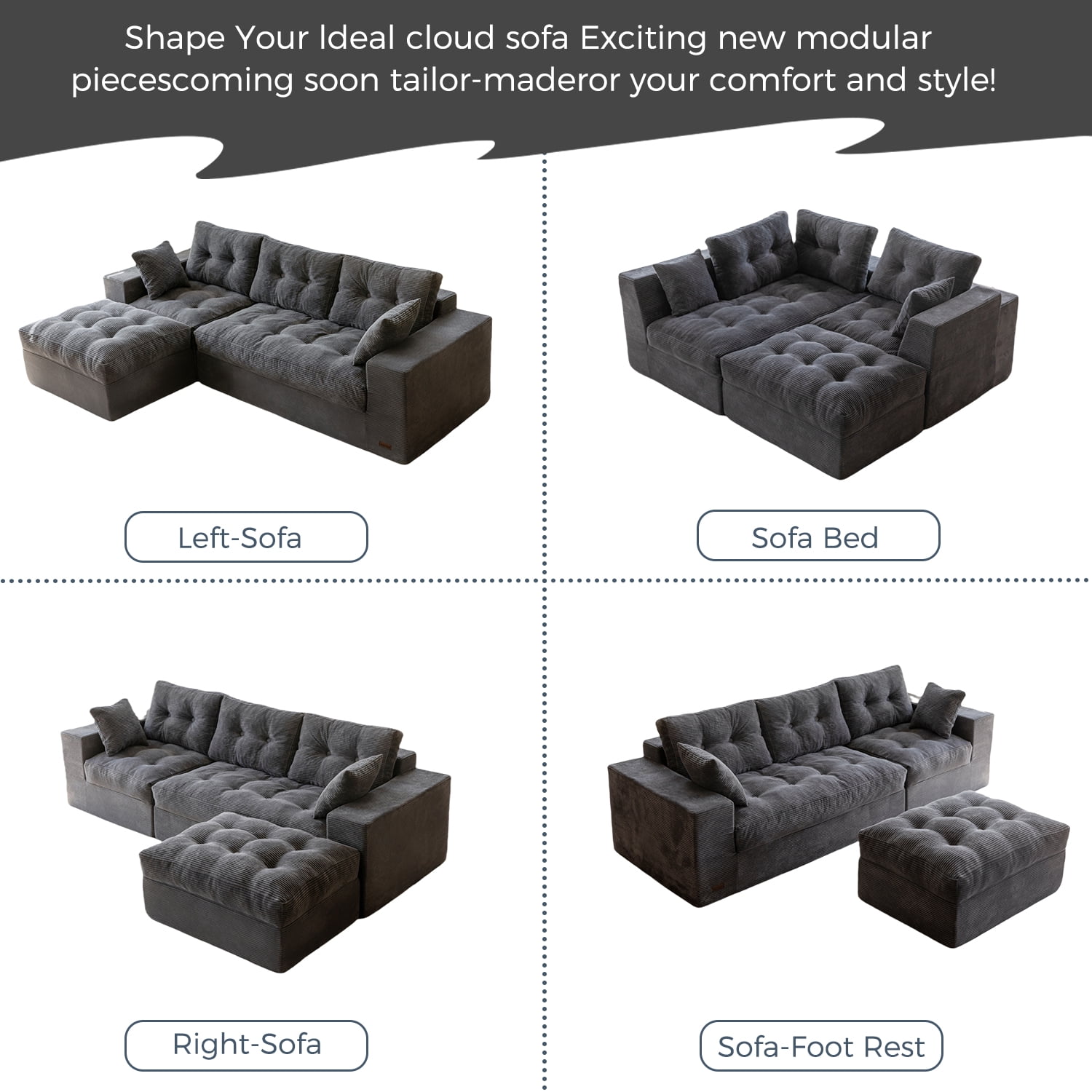 BYBYME 104"Oversized L-Shaped Sectional Sofa Cloud Boneless Modular Couch,Upholstered Sofa with Convertible Left/Right Ottoman for Living Room Bedroom,No Assembly,Dark Grey