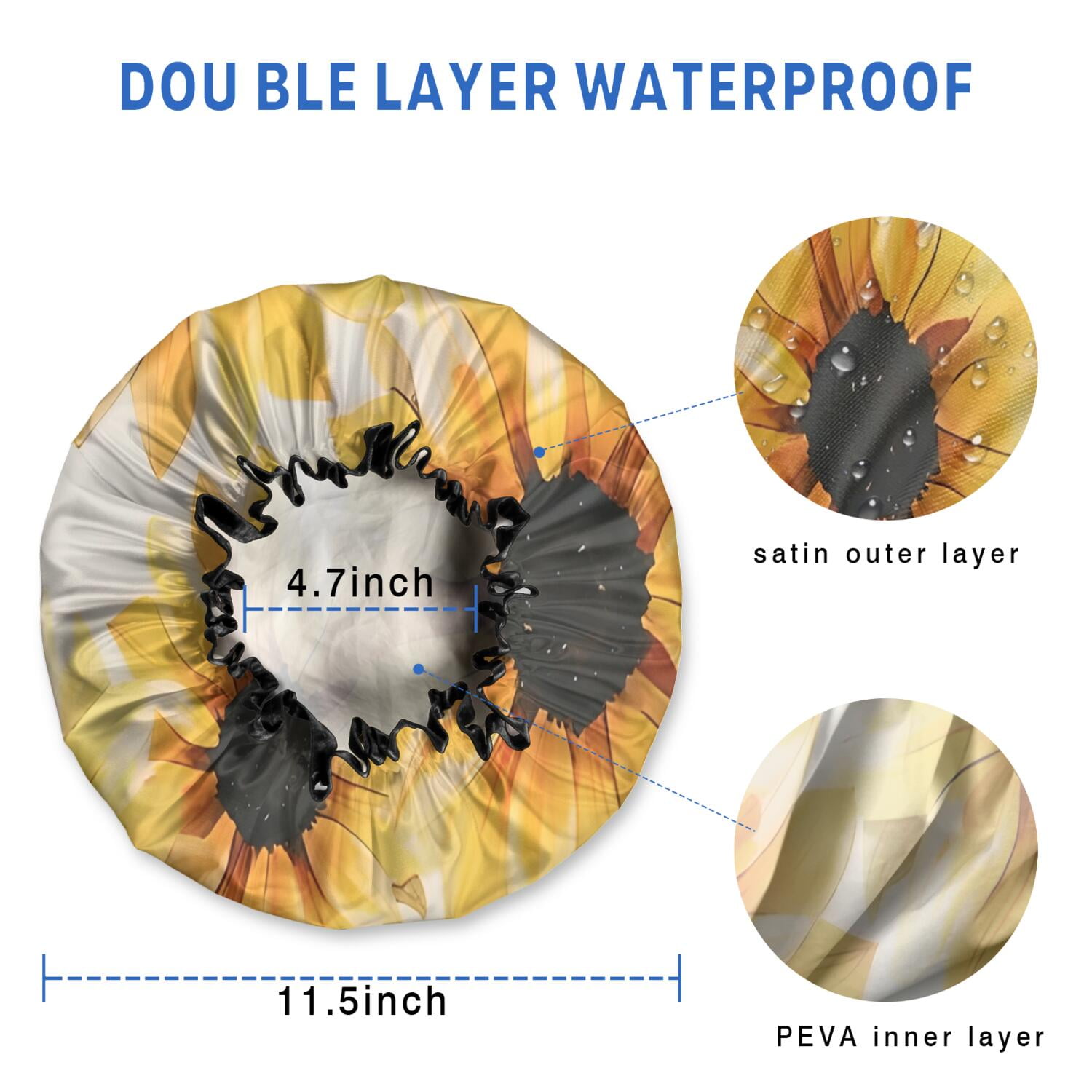 Shower Caps,White Sunflower Pattern Waterproof Shower Cap for Women 4 Pieces,Double Reusable Hair Cover for Shower PEVA Elastic Stretch Hem