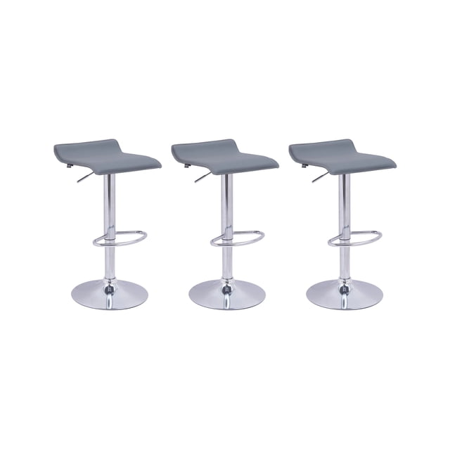 set de 3 bancos altos giratorios eke life home cocina color gris. Tres taburetes de bar frontales con asiento curvo gris, columna cromada con ajuste de 60–70 cm y base circular con reposapiés ovalado; ancho 40 cm, aptos para barra, cocina o mostrador.
