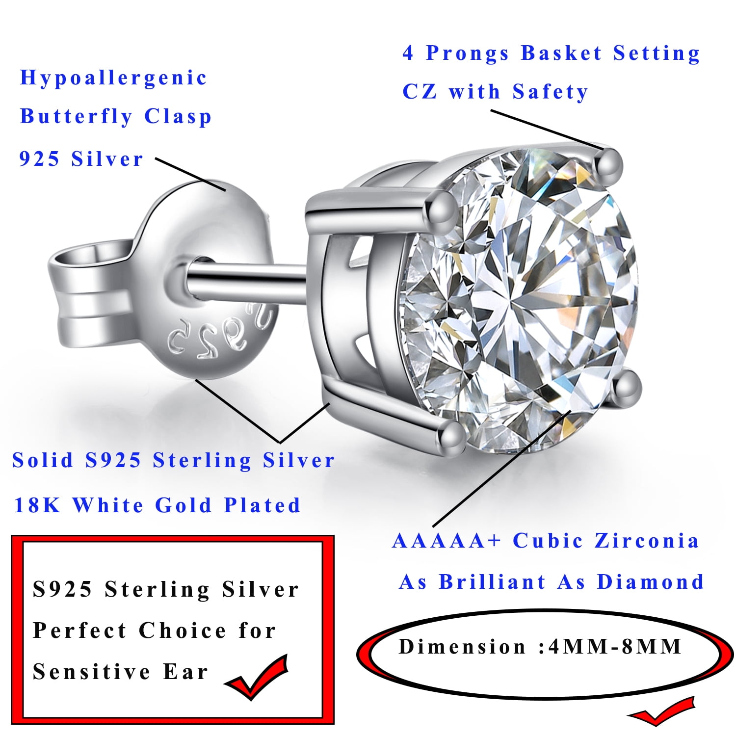 Men Earrings Silver Diamond Earrings for Men Women Stud Earrings Sterling Silver Earrings Hypoallergenic Earrings Studs White Gold Cubic Zirconia Stud Earrings Mens Diamond Earrings 6mm