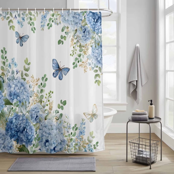 Blue Floral Fabric Shower Curtain for Bathroom Waterproof Polyester Bath Curtain with 12 Hooks Summer Country Blue Hydrangea Floral Butterfly Washable Shower Curtain with Grommets 72"x78"