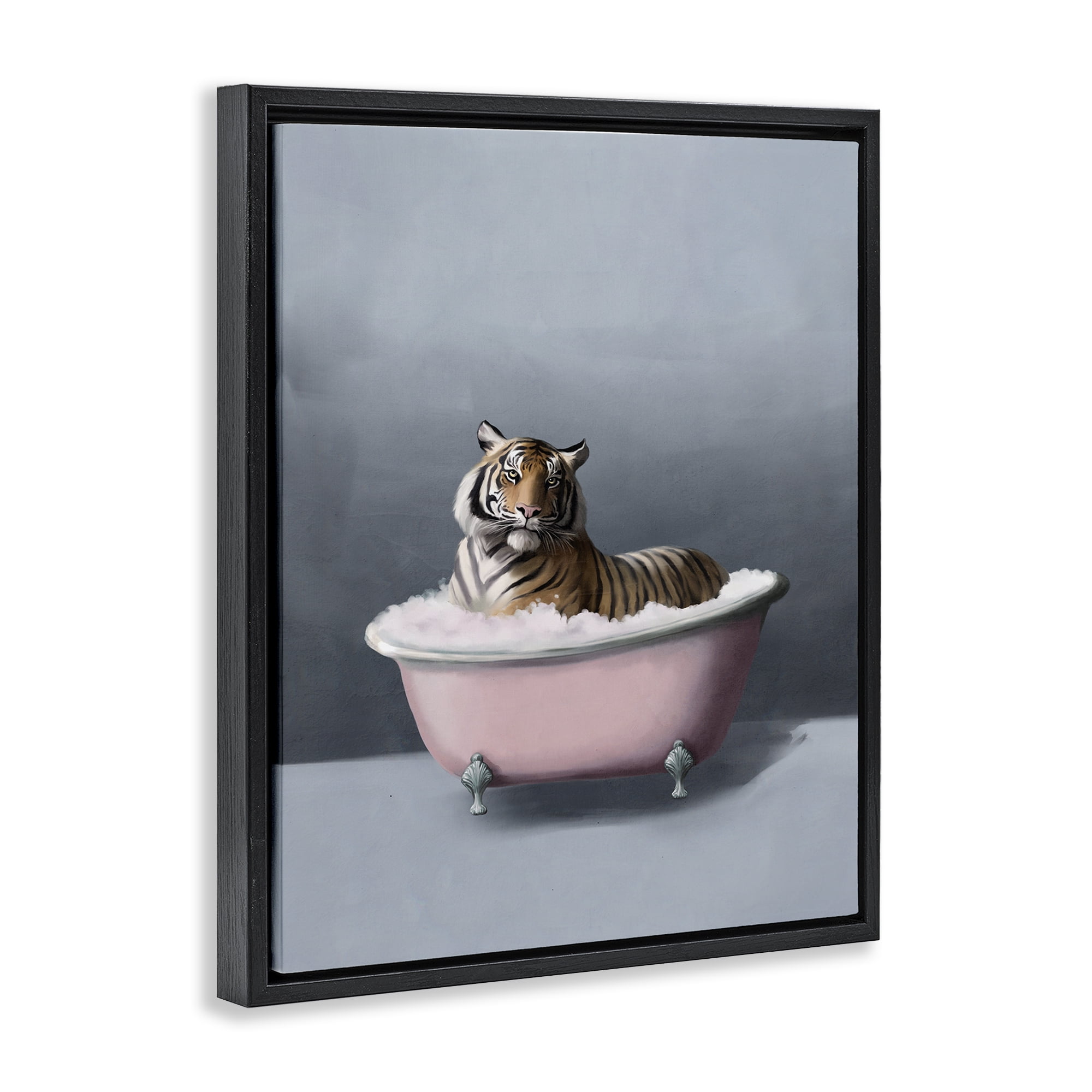 Stupell Industries Tiger in the Bathtub Bath & Laundry Painting Black Floater Framed Canvas Art Print Wall Art, 17 x 21