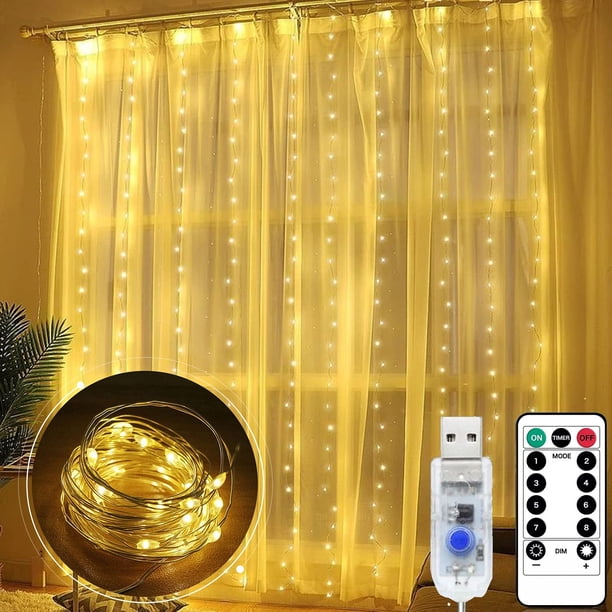 Guirnalda de luces LED para cortina, 3 m x 3 m, para dormitorio, con USB, colores cálidos, 8 modos, control remoto, temporizador, decoración para boda.