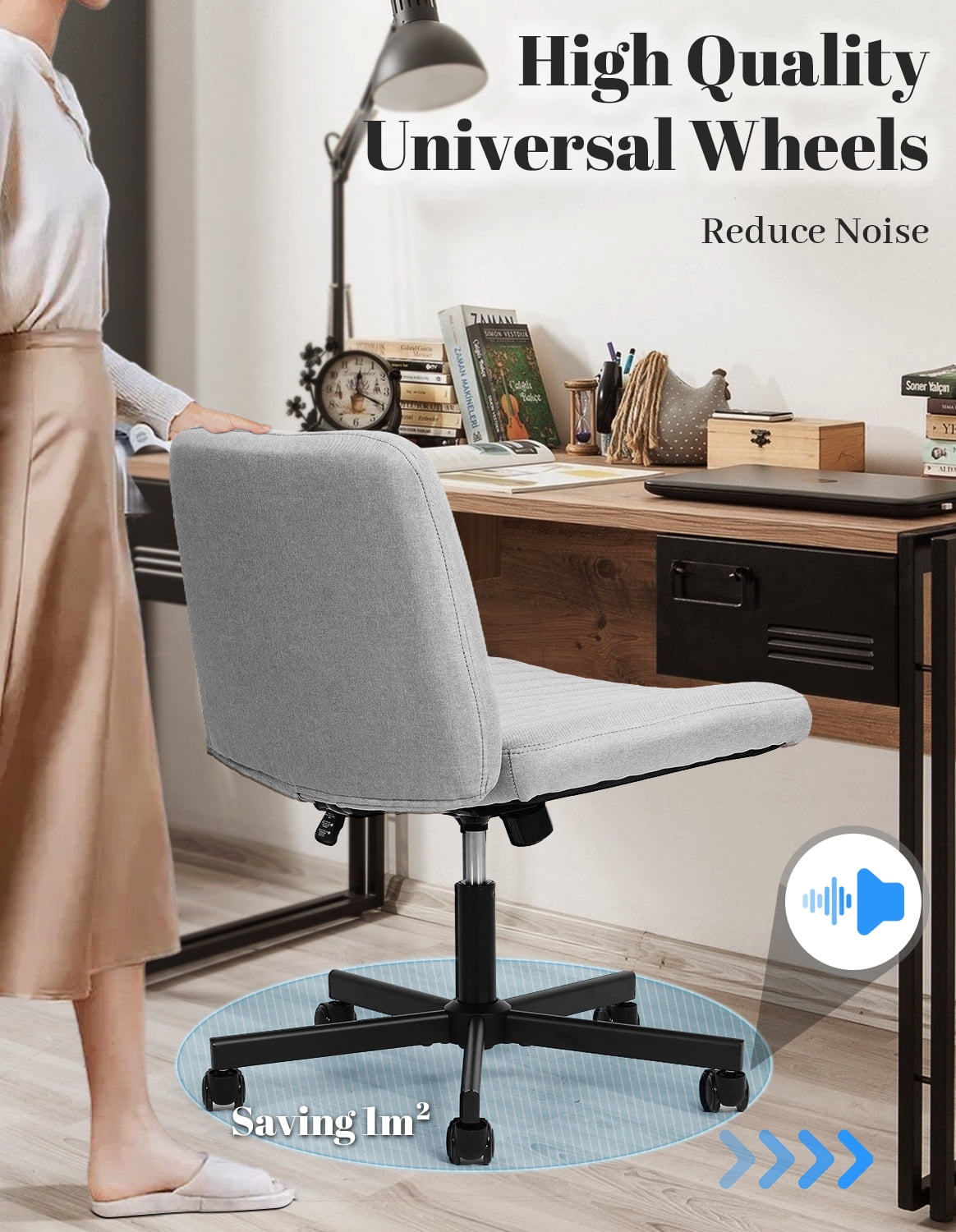 LOGYAT Extra Wide Rolling Desk Chair, Criss Cross Legged Chair, Armless Office Chair with Wheels, Plus Size Vanity Chair for Bedroom, Grey