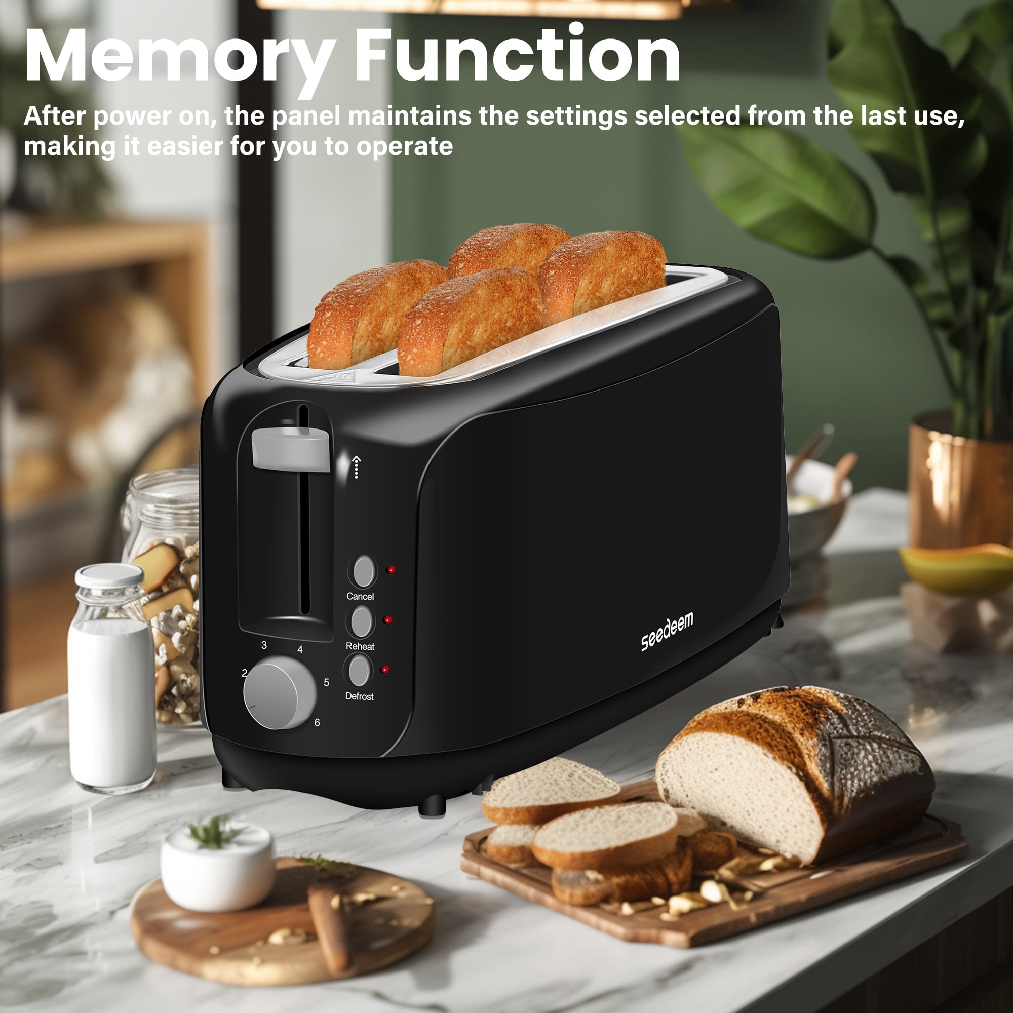 【Ultra-Slim Space-Saving】4-Slice Long Slot Toaster, Dual 10-Inch Slots, 6 Shade Settings with Cancel/Reheat/Defrost, Removable Crumb Tray, Easy to Store Vertically