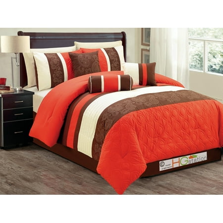 Woven Paisley Scroll - 7-Pc Quilted Marquise Floral Paisley Scroll Embroidery Comforter Set Orange Brown Off-White Queen
