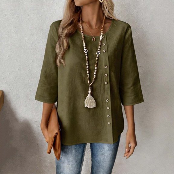 thefmos Women Plus Size Fall Round Neck 3/4 Sleeve Button Down Casual Solid Boho Pullover Tops for Women Cute Trendy Comfy Loose Fit Tunic Blouses Winter Business Work Clothes, Army Green M