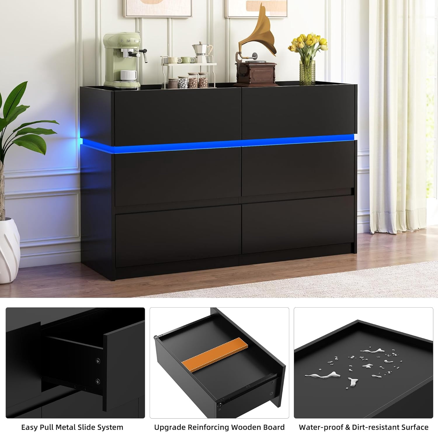 HAUXITIO 6 Drawer Dresser Chest with Charging Station and LED Lights for Bedroom, Modern TV Stand Cabinet, Black