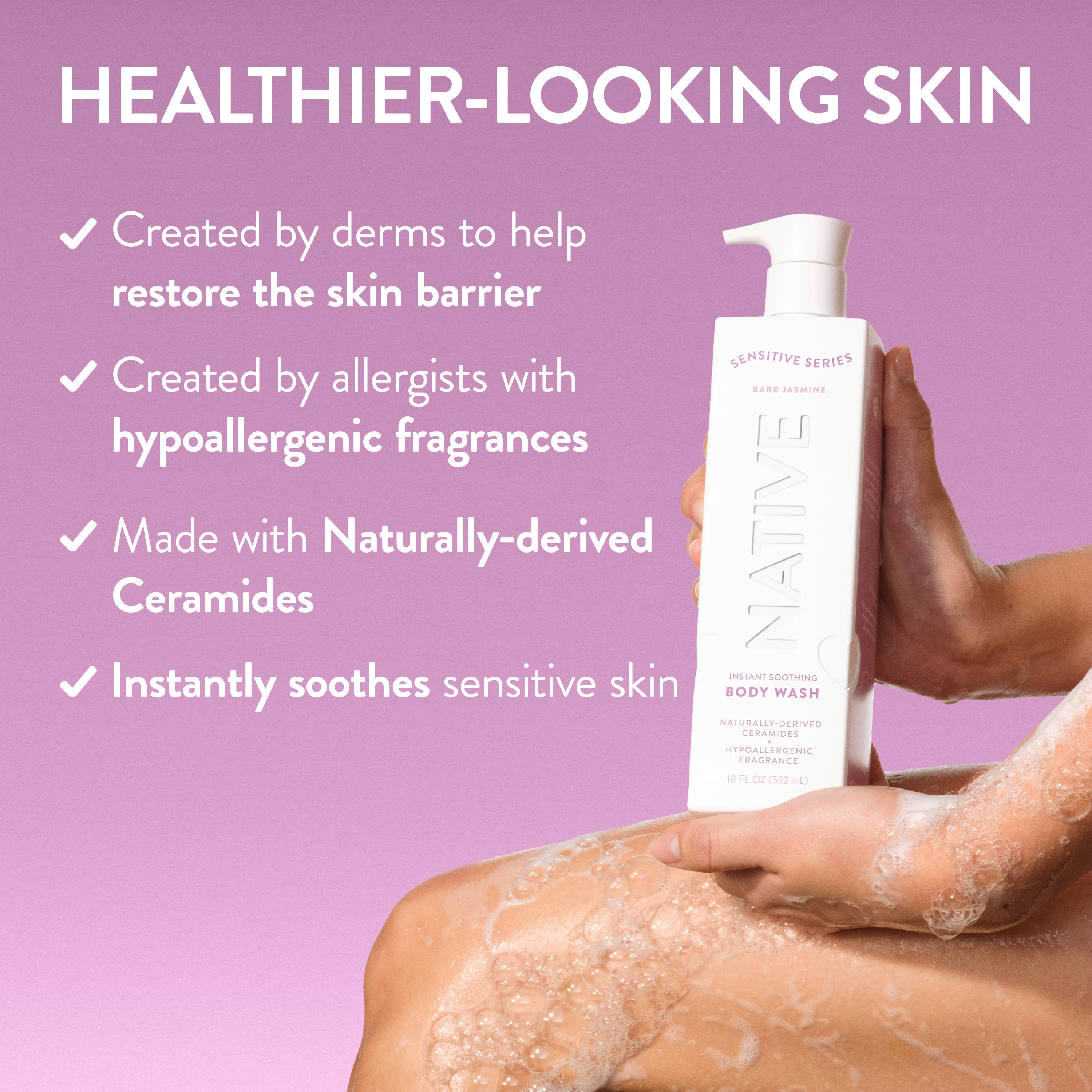 Native Body Wash for sensitive and dry skin, Bare Jasmine, Instant Soothing, Hypoallergenic, 18 FL Oz