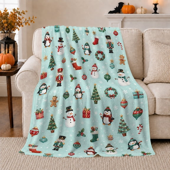Playful Festive Characters Light Teal Holiday Pattern Cheerful, Festive Holiday Scene, Warm Flannel Blanket for Living Room and Reading Nook, Art Lovers Christmas Gift, Festive Home Decor